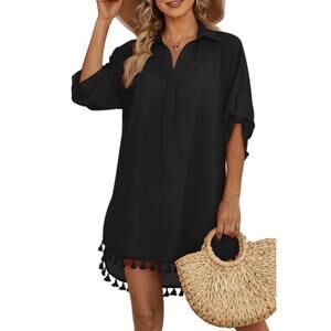 Swimsuit Cover Up Shirt With Tassels Black Women’s XL